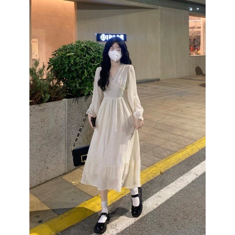 Show thin temperament lace V-collar Long sleeve Dress Lace