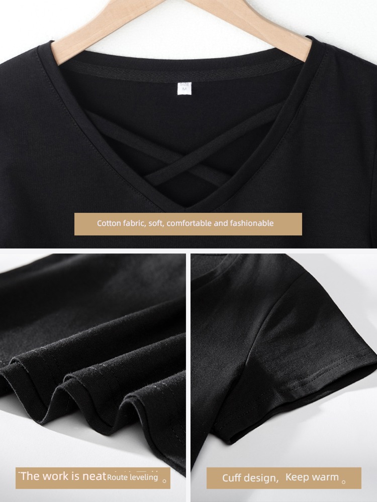 overlapping V-collar Self-cultivation pure cotton Half sleeve jacket white T-shirt