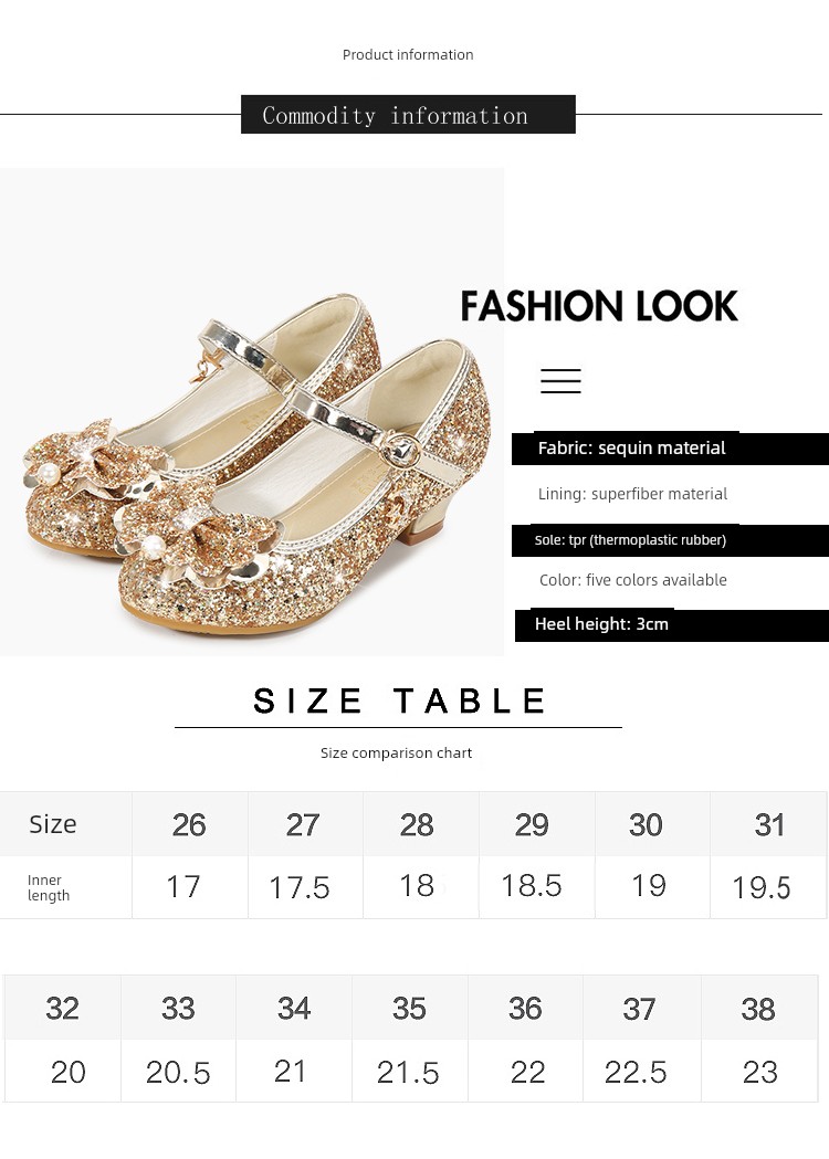 Girls' High-Heeled Shoes 2026 New Spring and Autumn Princess Shoes Round-Toe Performance Shoes Little Girls' Gold Host Performance Shoes — 2