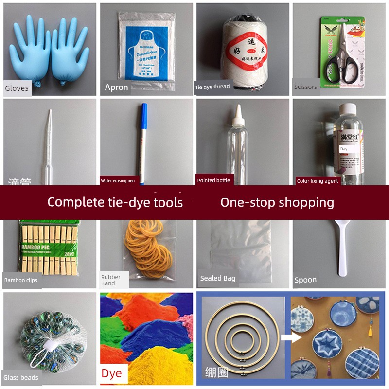 Tie-Dye Wax Dyeing Tools and Materials, Modeling Board, Ice Cream Sticks, Rubber Bands, Gloves, Dropper Tube, Pointed Bottle, Scissors, Clips
