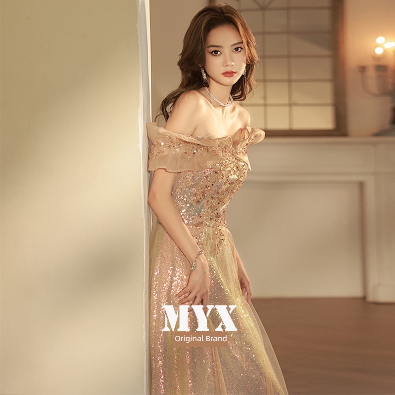 temperament champagne golden Art examination Dress Evening dress