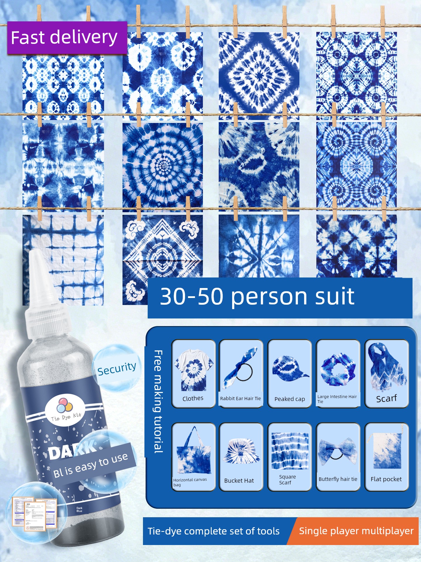 Handmade Tie-Dye DIY Material Kit T-Shirt Shirt Scarf Hair Tie Children's Kindergarten Tool Set Indigo Dye