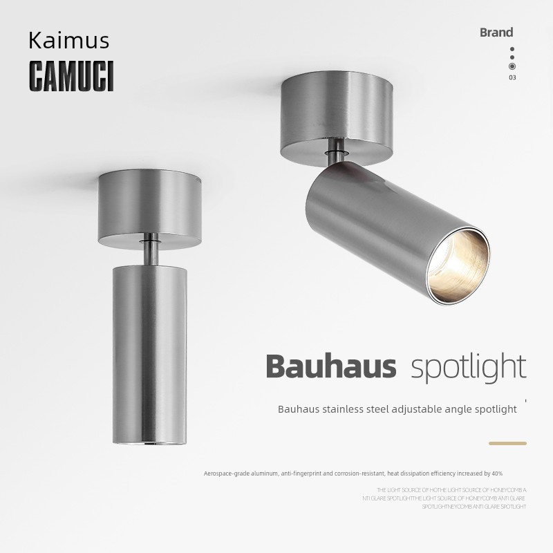 Bauhaus Stainless Steel Surface-Mounted Spotlight, Silver, Adjustable Angle, Ceiling Light, No-Drill Installation, Vintage Industrial Style, No Main Light