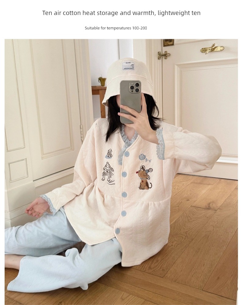 Spring, Autumn, and Winter Maternity Pajamas with Chest Pads, Thickened Air Cotton, No Need to Wear Underwear, Layered Maternity Sleepwear with Hood Set — 8