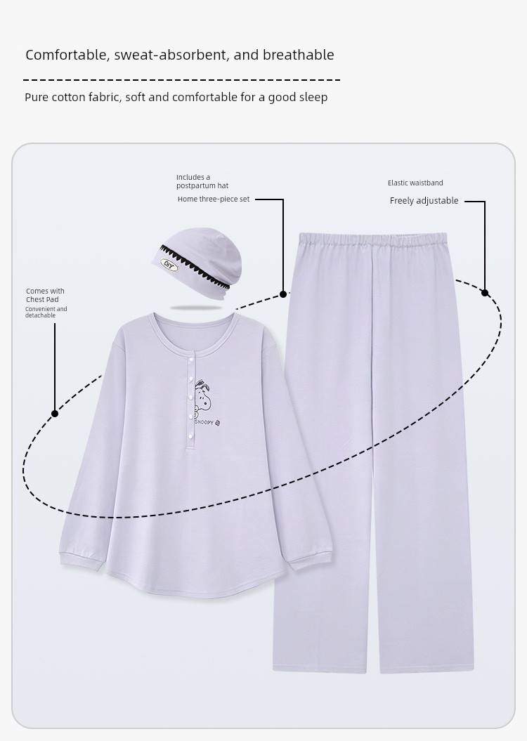 Maternity Pajamas with Hat, Pure Cotton, Sweat-Absorbent, Suitable for All Seasons, Postpartum Nursing Loungewear for Autumn and Winter — 12