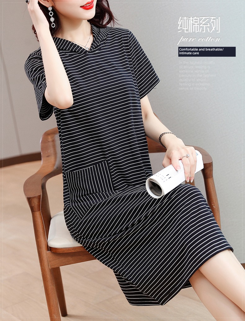 pure cotton stripe Dress middle age mom Cap T-shirt