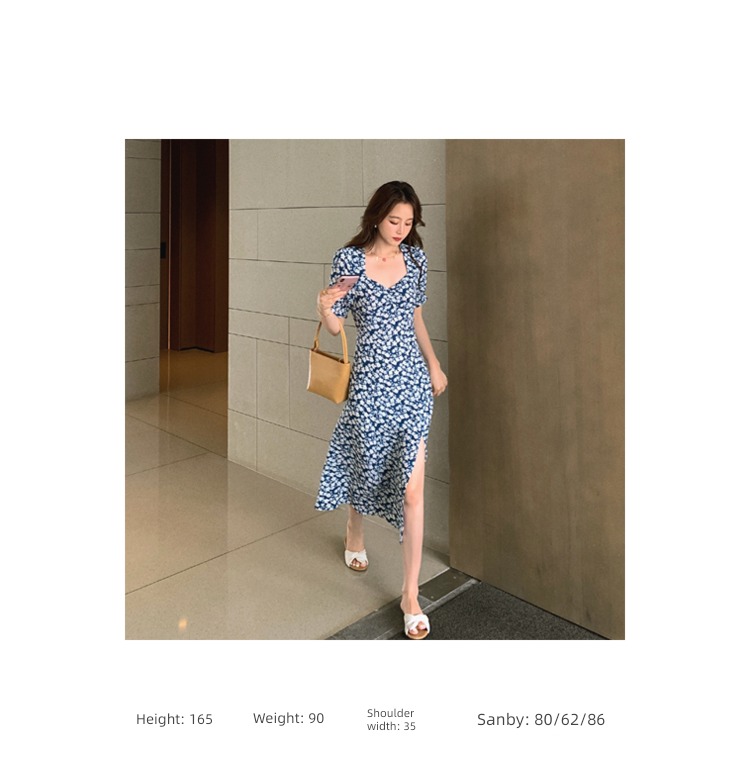 【 Clearance 】 Hepburn wind Chiffon temperament square neck puff sleeve Little black dress unique Side split have more cash than can be accounted for Dress female
