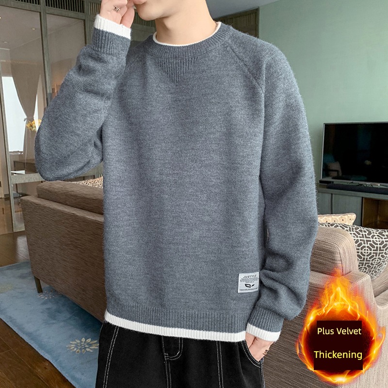 winter Plush Round neck Fake two keep warm Inner lap sweater