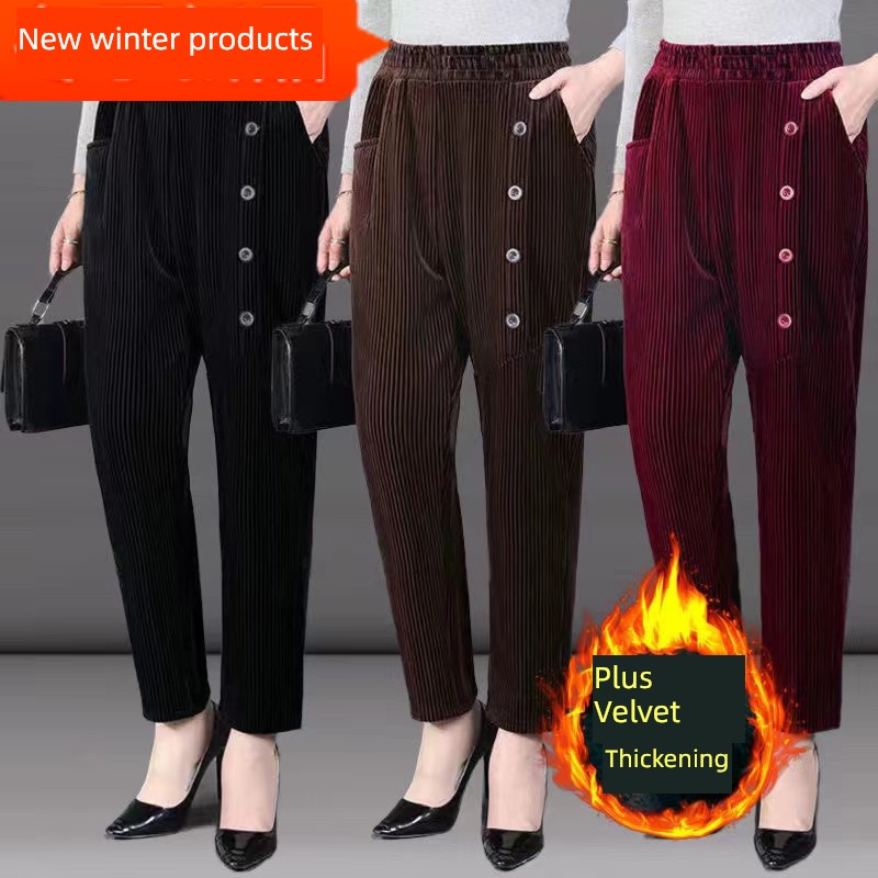 thickening High waist easy Middle aged and elderly corduroy trousers