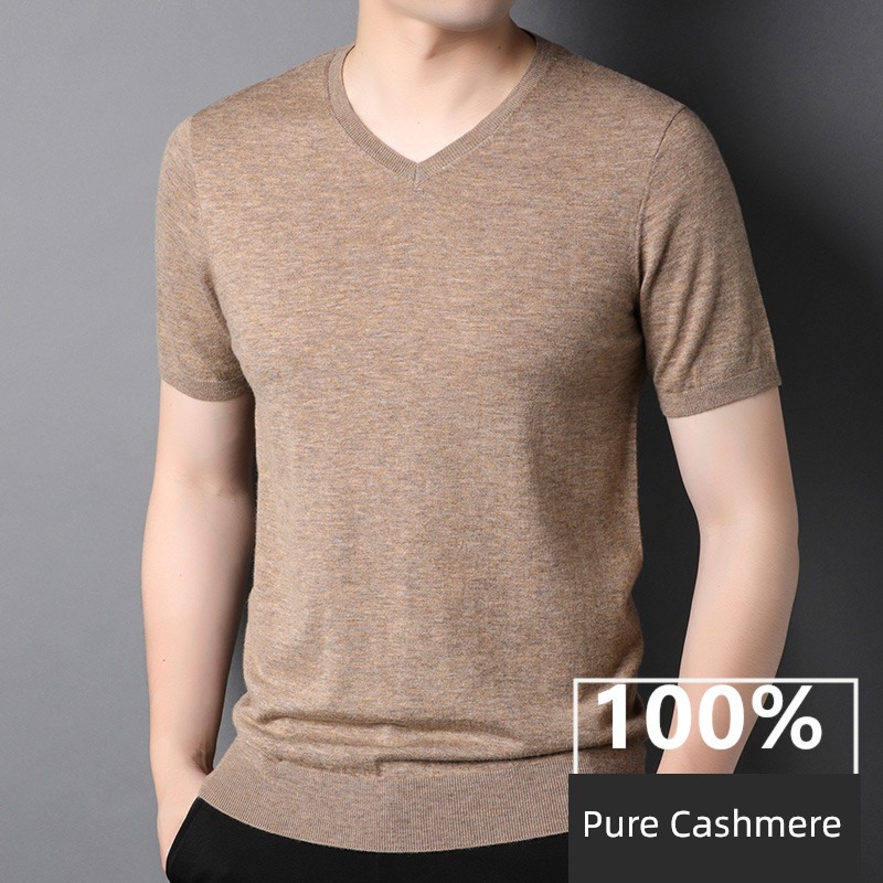 Half sleeve V-collar Thin money knitting T-shirt Lay a foundation Pure cashmere sweater