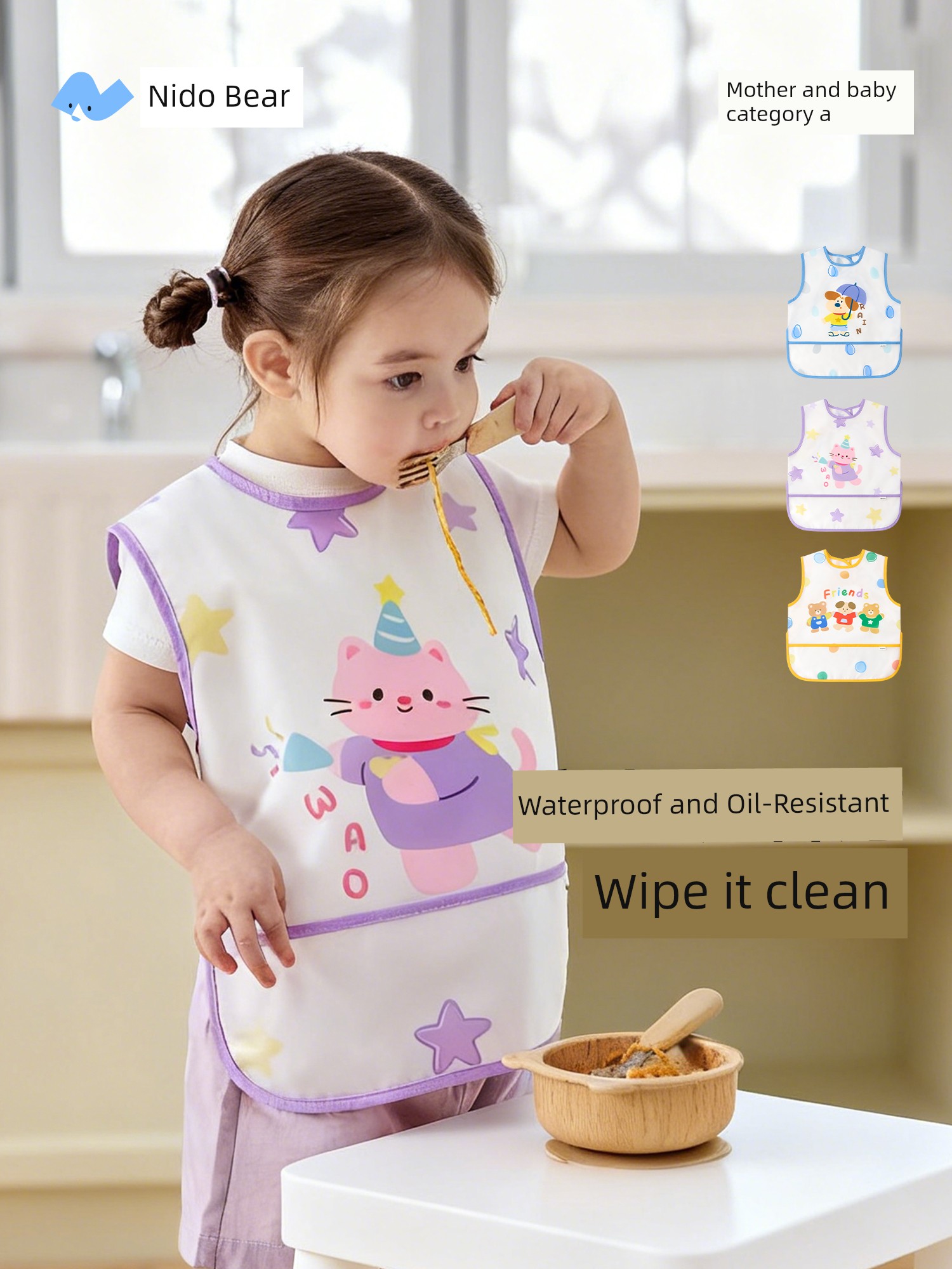 Nido Bear 2026 Children's Smock Summer Baby Feeding Bib Unisex Apron Anti-Dirt Infant Feeding Bib