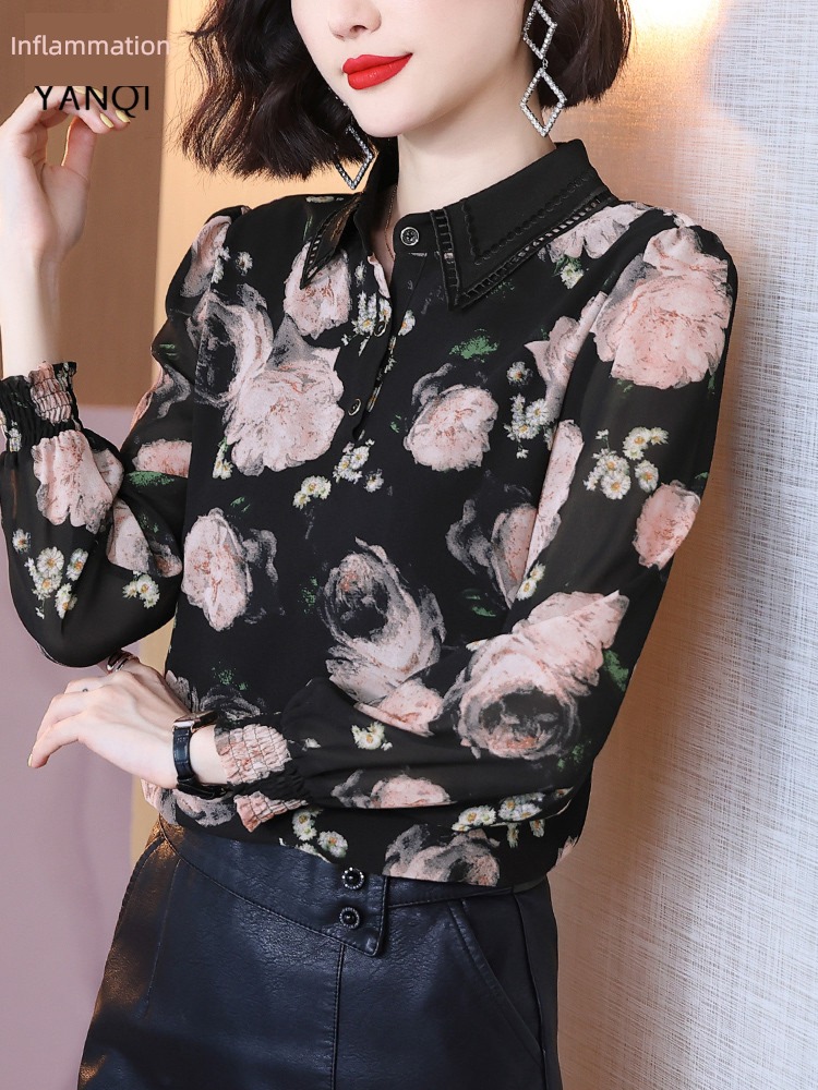 high-grade Broken flower Long sleeve womanliness Show thin fashion Small shirt