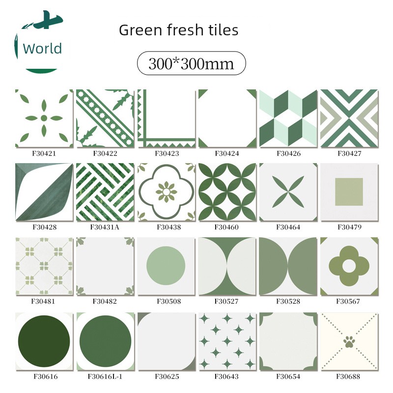 Trendy Green Minimalist Full Porcelain Patterned Tiles 300X300 for Kitchen, Bathroom, Balcony, Non-Slip Floor Tiles for Chain Stores