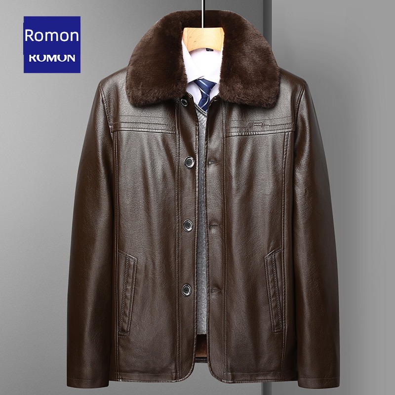 Romon Fur collar man leather clothing Jacket winter clothes loose coat