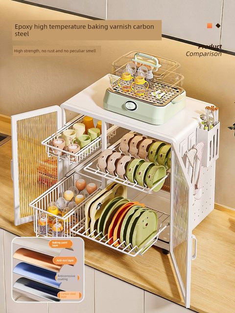 Cupboard kitchen countertop storage rack drain household dustproof platter tableware box multi-function dish storage rack