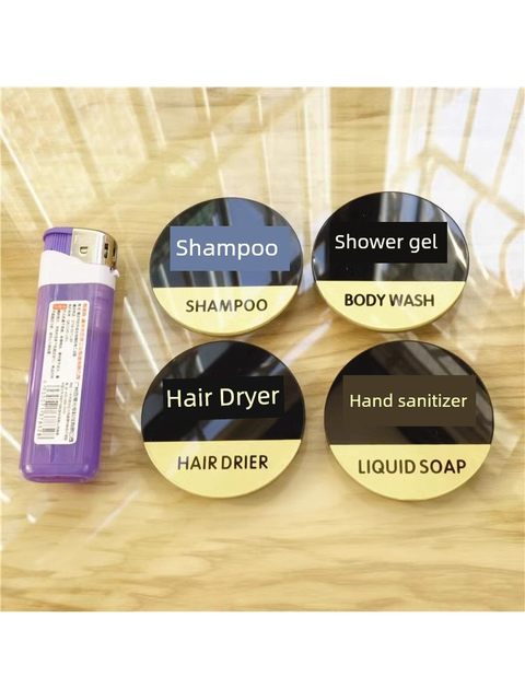 Shampoo, shower toothpaste, comb, hair dryer, bathroom supplies, label, bed sheet, quilt cover, shower cap, towel, cotton swab cabinet sticker