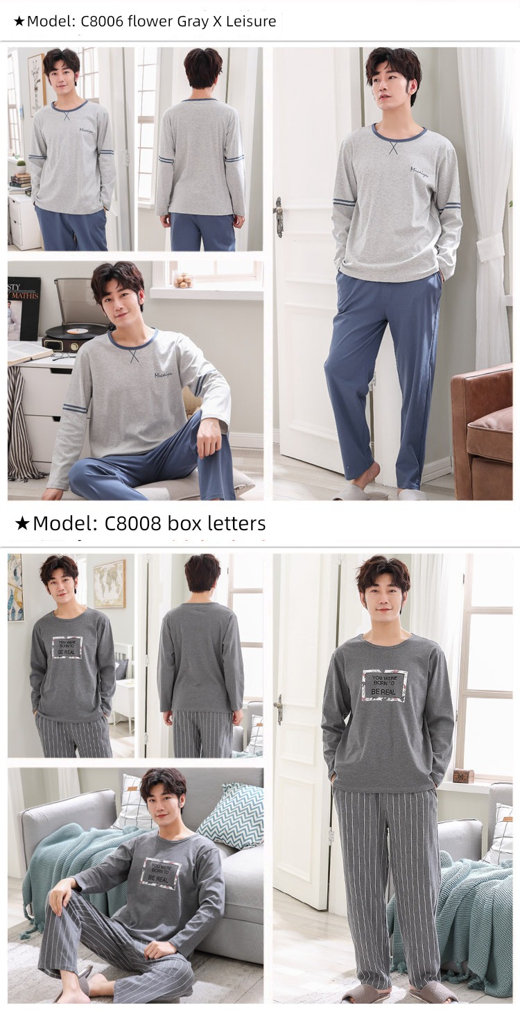 male Long sleeve Cotton Big size Autumn  summer suit pajamas