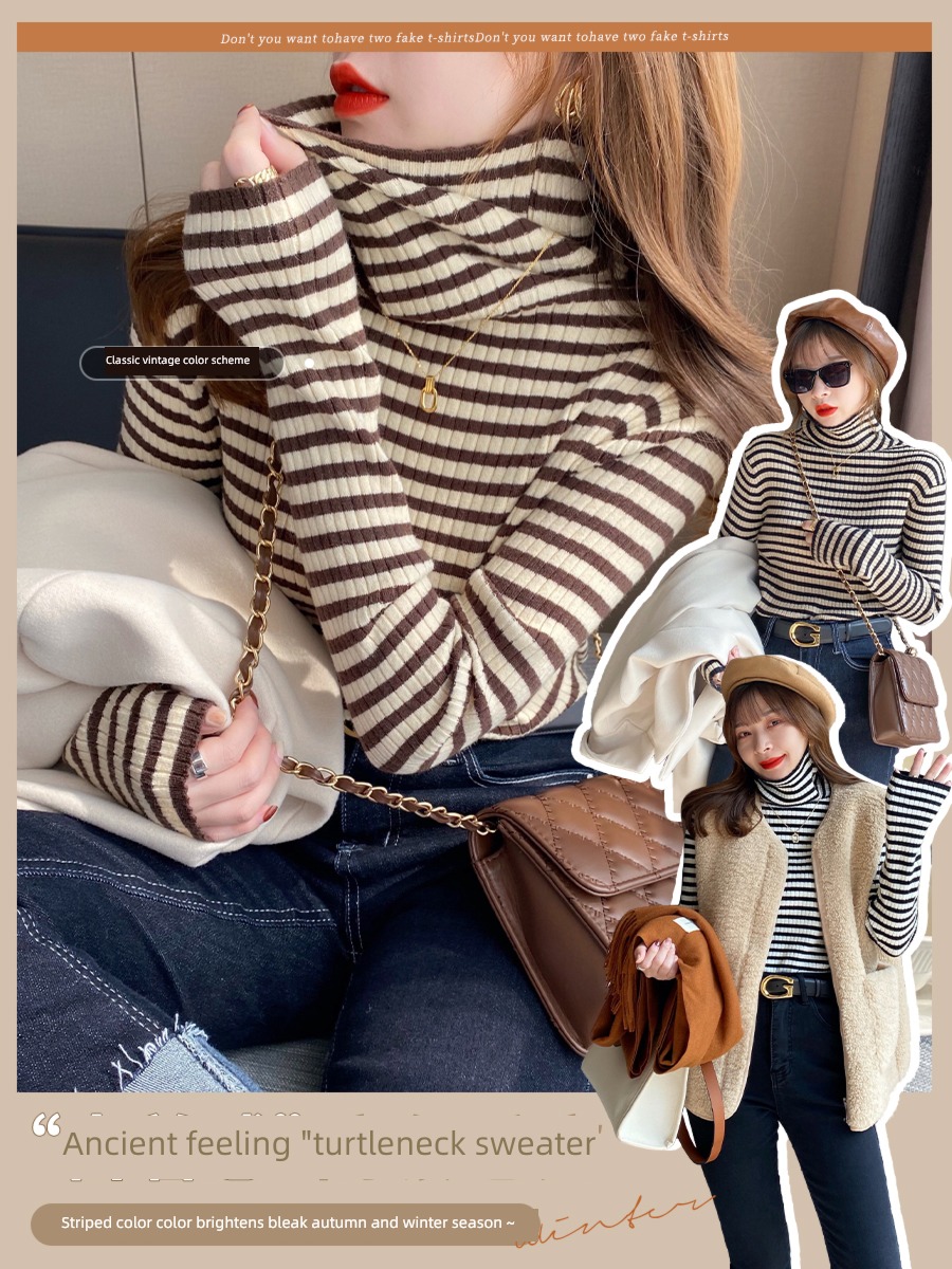 Foreign style Inner lap stripe Undershirt Cashmere High collar sweater