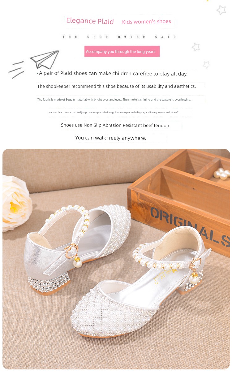 Western Style Children's Princess Shoes Crystal Shoes Girls High Heel Shoes Soft Bottom Elementary School Student Dress Dance Leather Shoes Silver with — 9