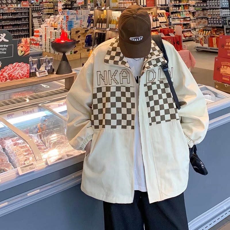 Chaopai American style street Chessboard stand collar easy loose coat