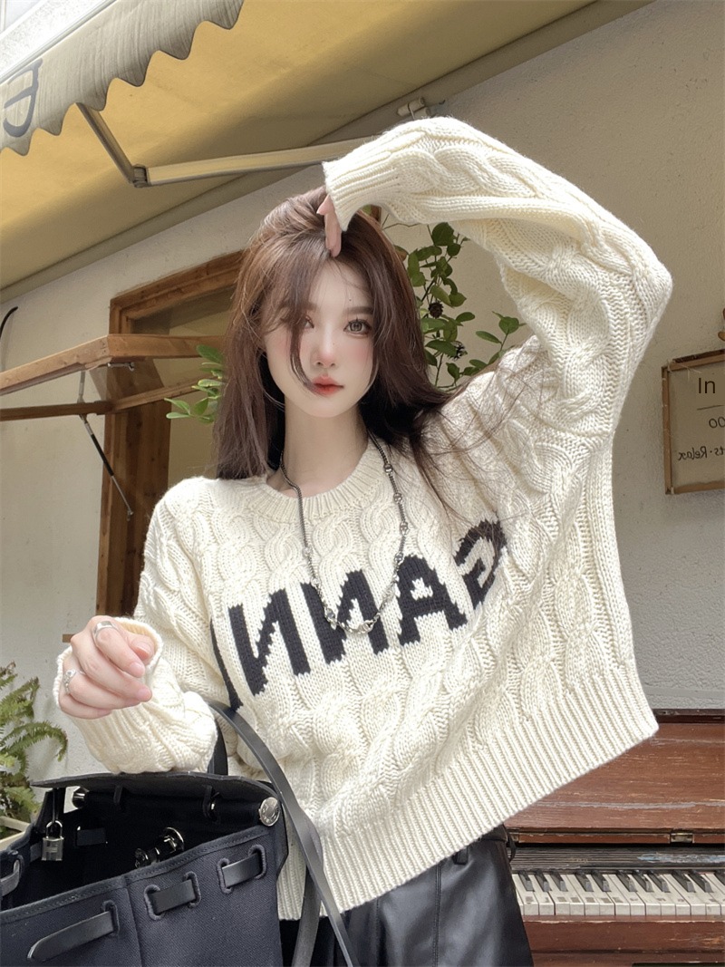 Coffee little chap heavy industry Hemp flowers letter hold the waist sweater