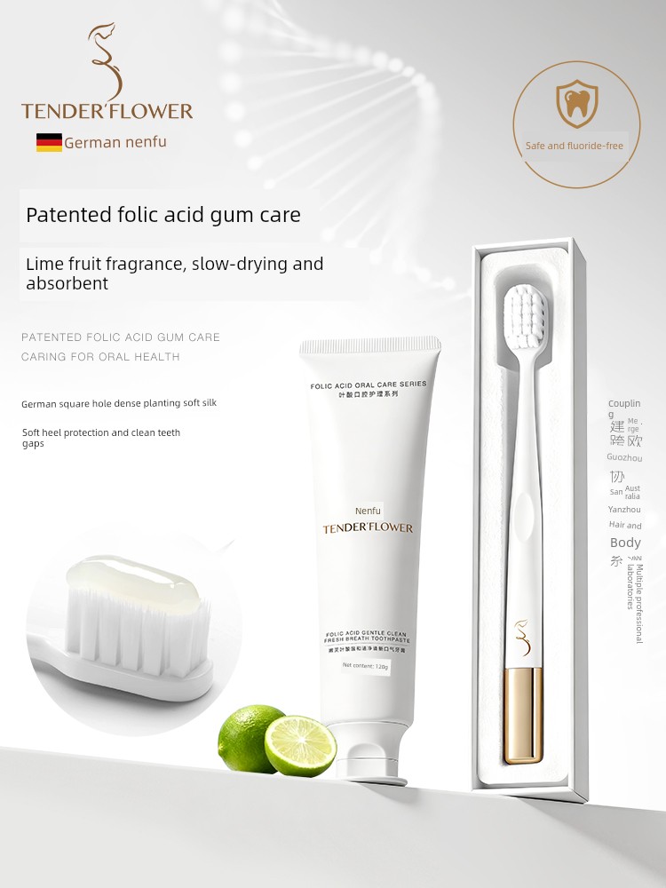 German Nenfu Folic Acid Toothpaste for Women Preparing for Pregnancy, Fresh Breath, Fluoride-Free, Soft Bristle Postpartum Toothbrush Care Set
