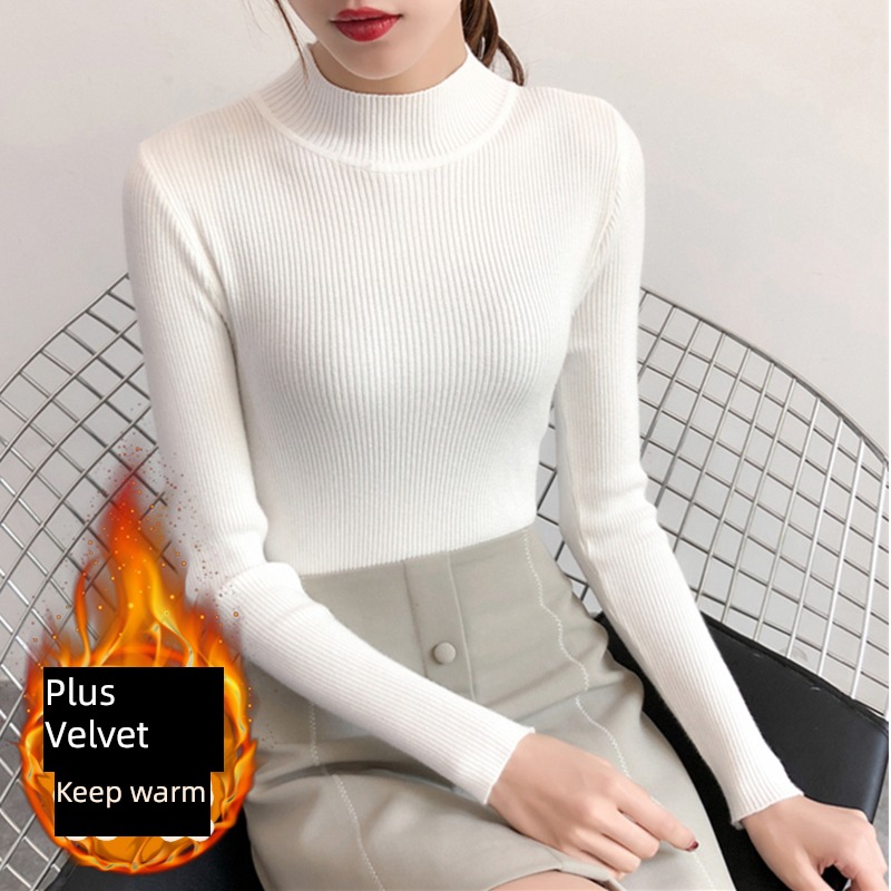 Plush thickening Inner lap keep warm Half high collar Tight fitting sweater