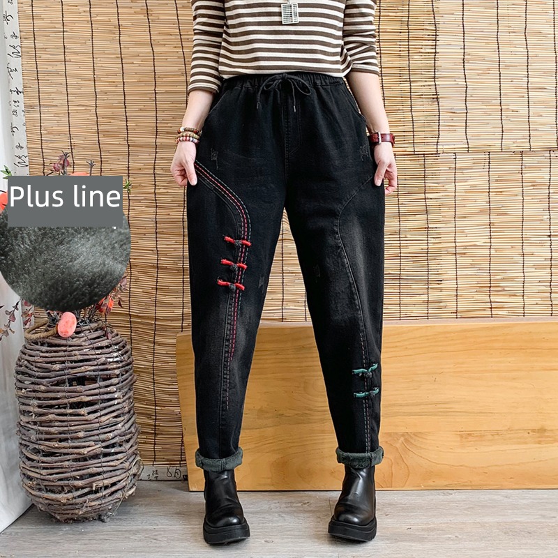 Elastic waist Embroidery frog  keep warm Plush Jeans