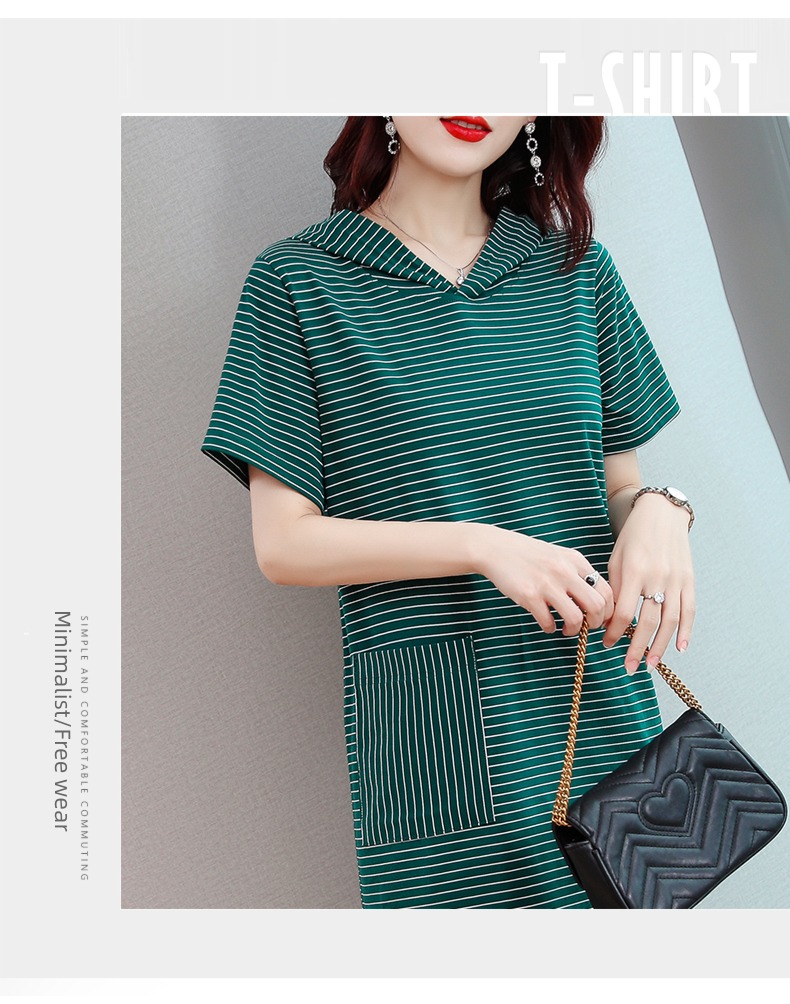 pure cotton stripe Dress middle age mom Cap T-shirt