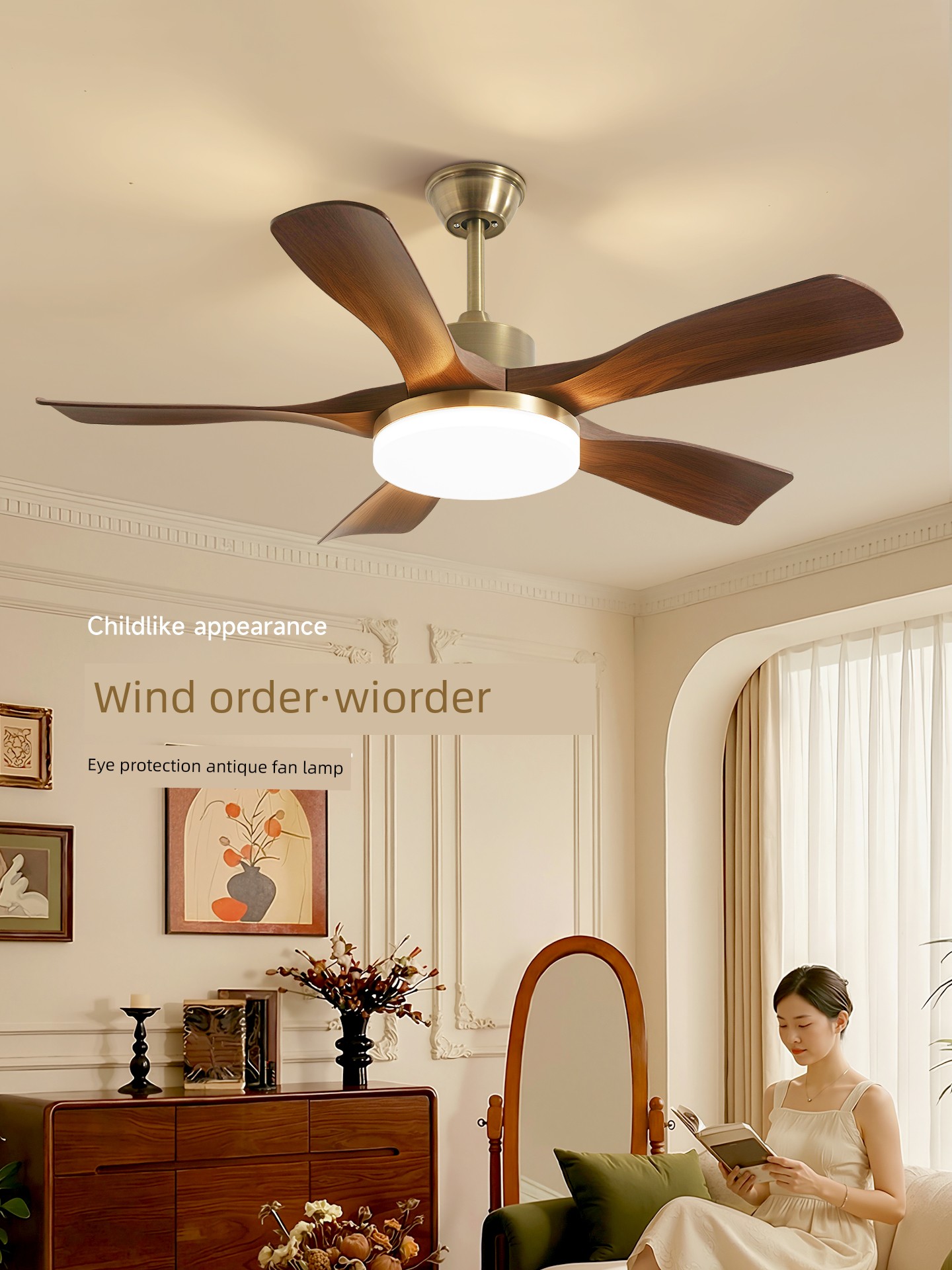 Vintage Fan Chandelier for Living Room, French Retro Style, Large Fan Blades, Silent Operation, Walnut Color, Dining Room Silent Inverter Fan Light