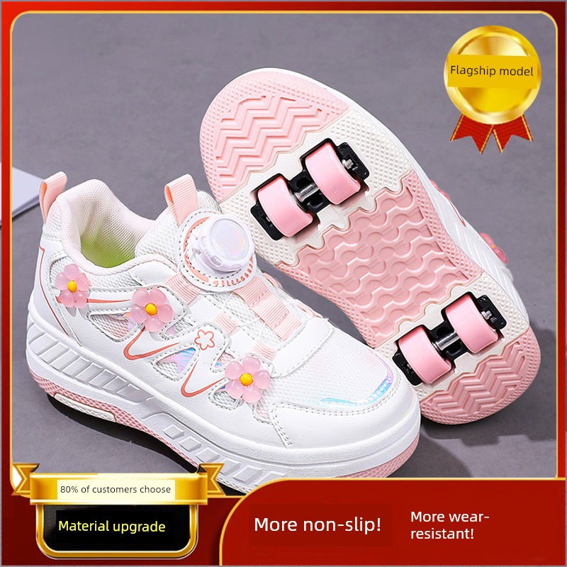 Girls' White Four-Wheel Invisible Children's Mesh Breathable Roller Shoes Princess Skates for Older Kids — 5
