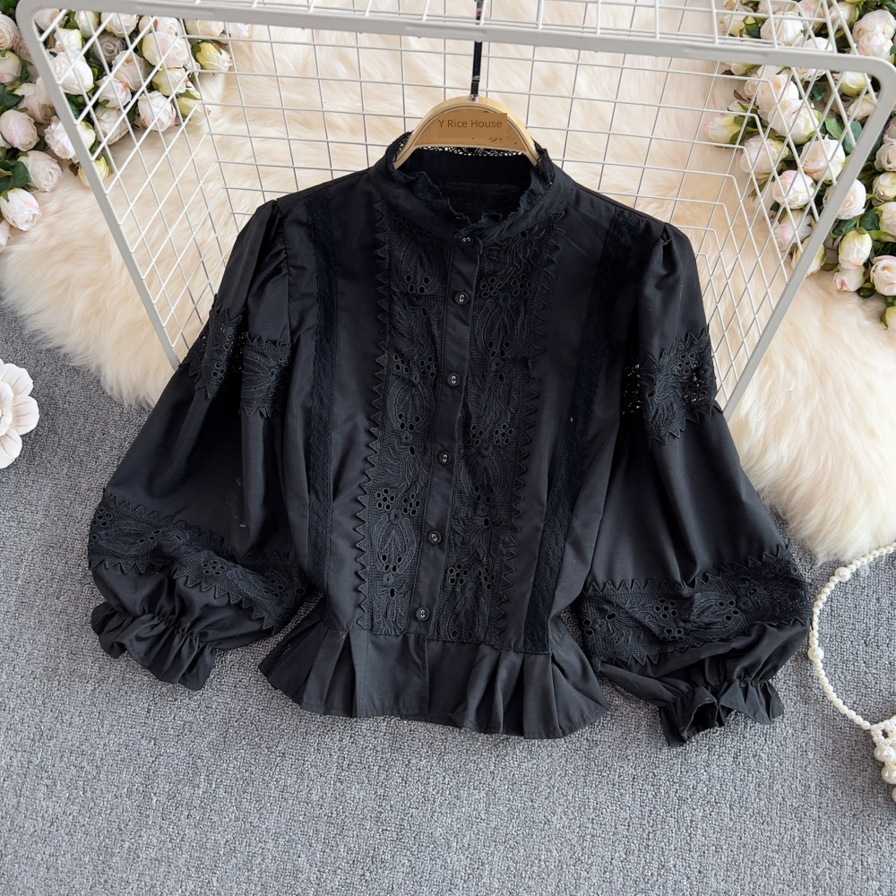 Retro stand collar Single breasted lace easy shirt Lace