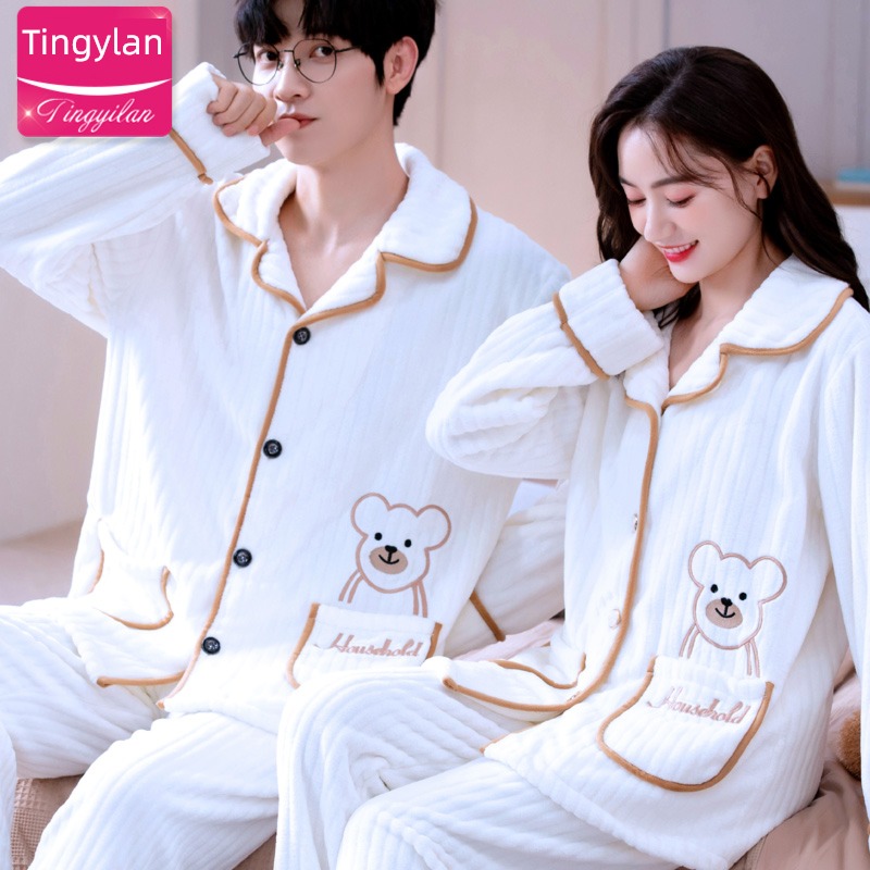 Internet celebrity men and women lovers Autumn and winter thickening Flannel pajamas