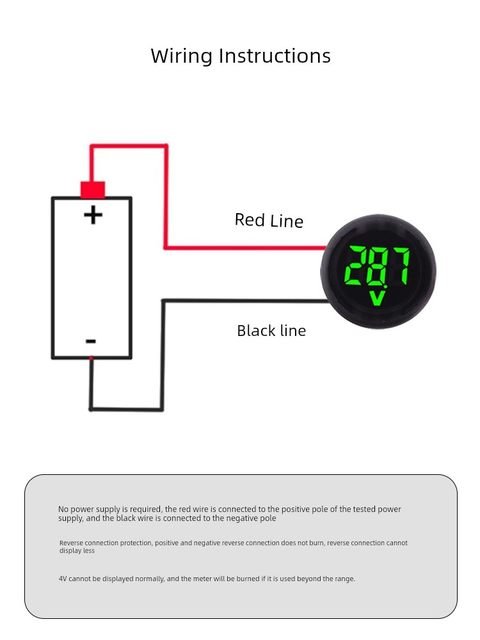 DC4-100V直流数字电压表头LED数显圆形两线防水电压表带反接保护
