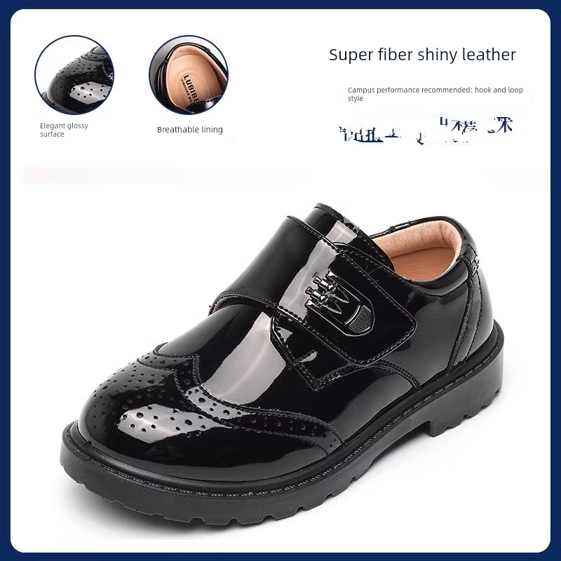 Boys' Leather Shoes 2026 Spring and Autumn New Style Black British Performance Shoes Single Shoes Soft Sole Children's Student Performance Shoes — 8