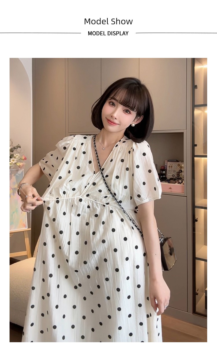Cat Single【Tees River Romance】Nana's Maternity Wear: Stylish Polka Dot Long Dress for Summer — 6
