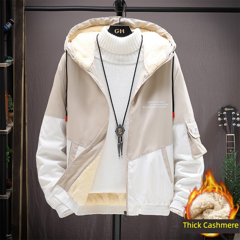 Lamb cashmere Cardigan Sweater man Spring and Autumn winter Chaopai Ruffian handsome Plush thickening keep warm Hooded loose coat Cotton