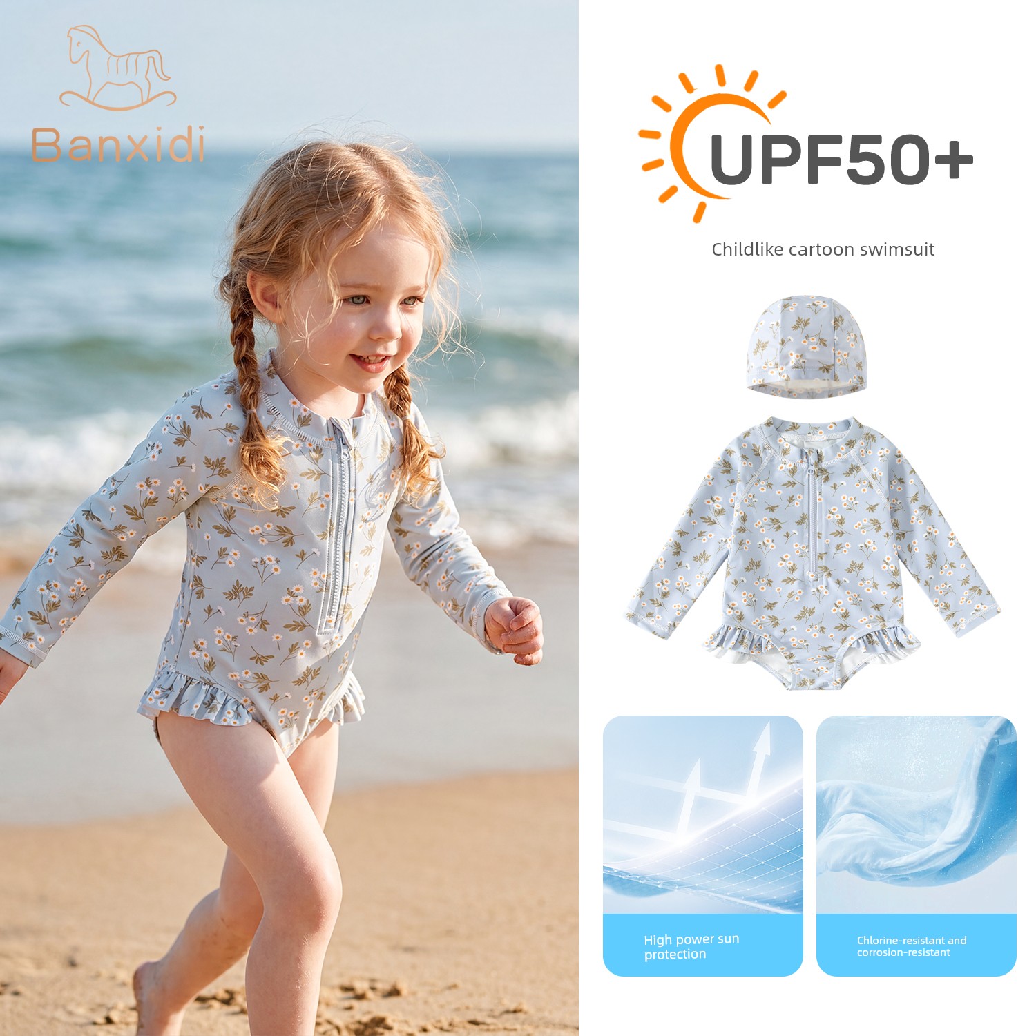 Banxidi Girls' Sun Protection Swimsuit 2026 New Baby Cartoon One-Piece Long-Sleeved Swimsuit Kidsren's Princess Swimsuit — 3