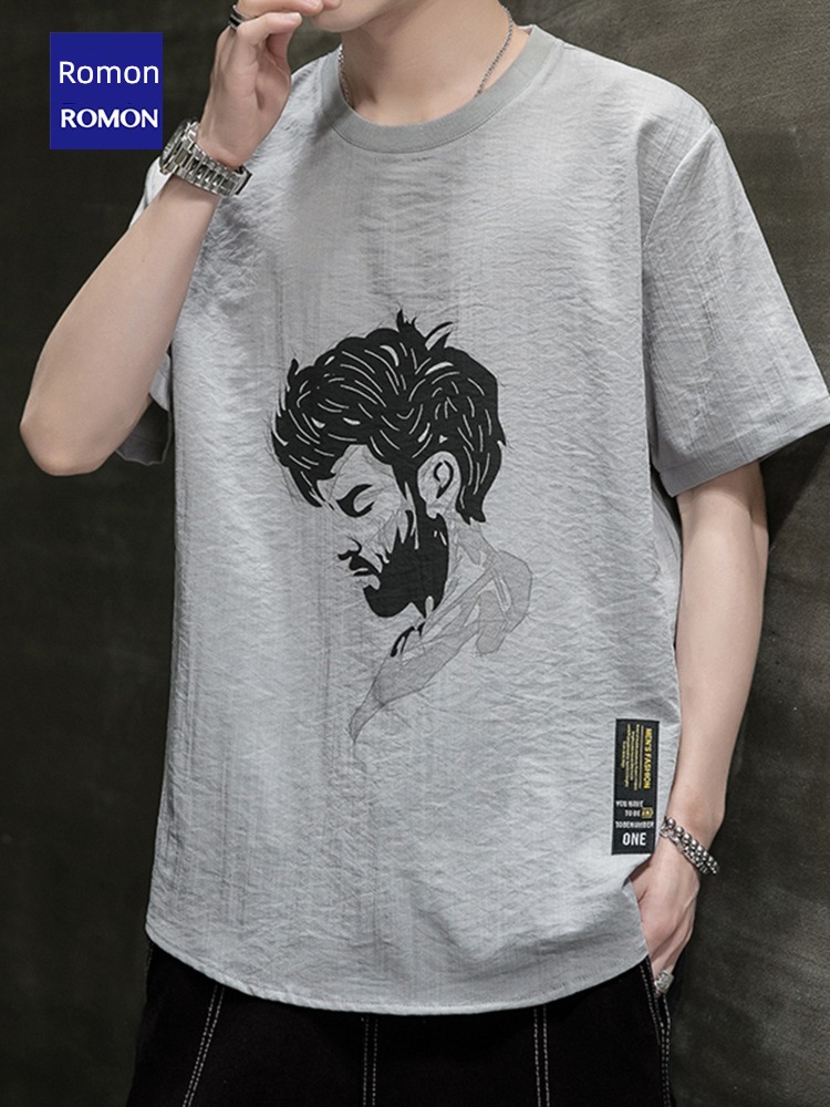 Romon man Chinese style flax full marks Short sleeve T-shirt