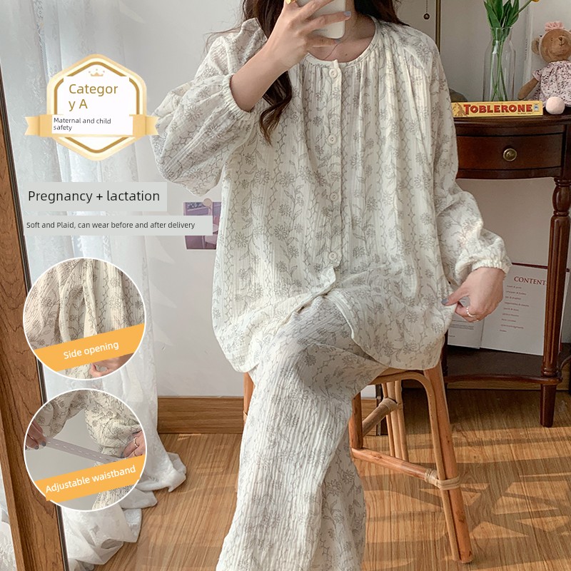 Cotton Confinement Clothing Cotton Pajamas for Pregnant Women Spring & Fall Maternity Pure Cotton Sweat Absorbing Summer Thin August Homewear — 3