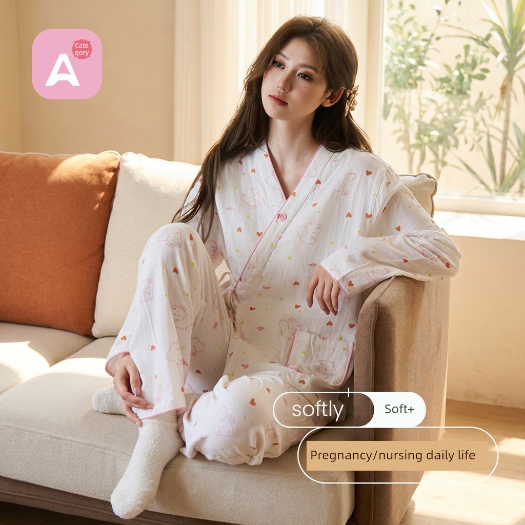 All-Cotton Imported New Pure Cotton Gauze Cute Teddy Maternity Pajama Set, Thin Style Postpartum Nursing Sleepwear Set — 3