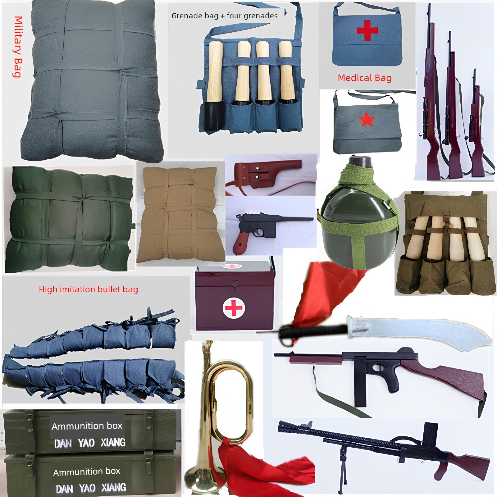 Red Army Eighth Route Army Anti-Japanese War Performance Props Cotton Quilt Marching Backpack Medicine Bag Film and Television Props Leg Warmer Grenade Bag