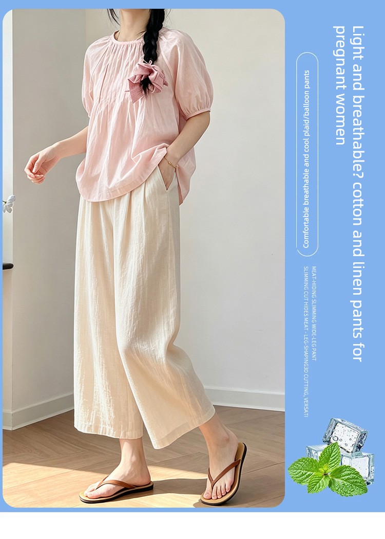 Maternity Cotton and Linen Pants for Summer, Thin Style, 2026 New Model, Small Size, Belly Support, Linen Wide-Leg Pants for Summer Wear — 2