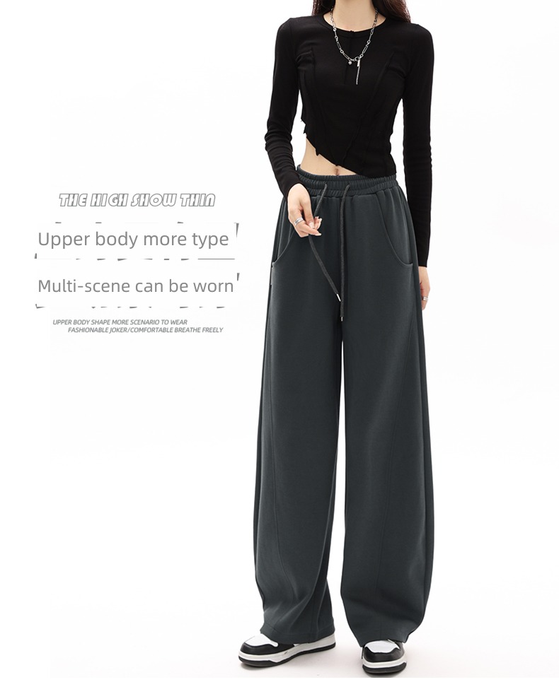 female Autumn and winter Broad leg ins Plush grey Sports pants