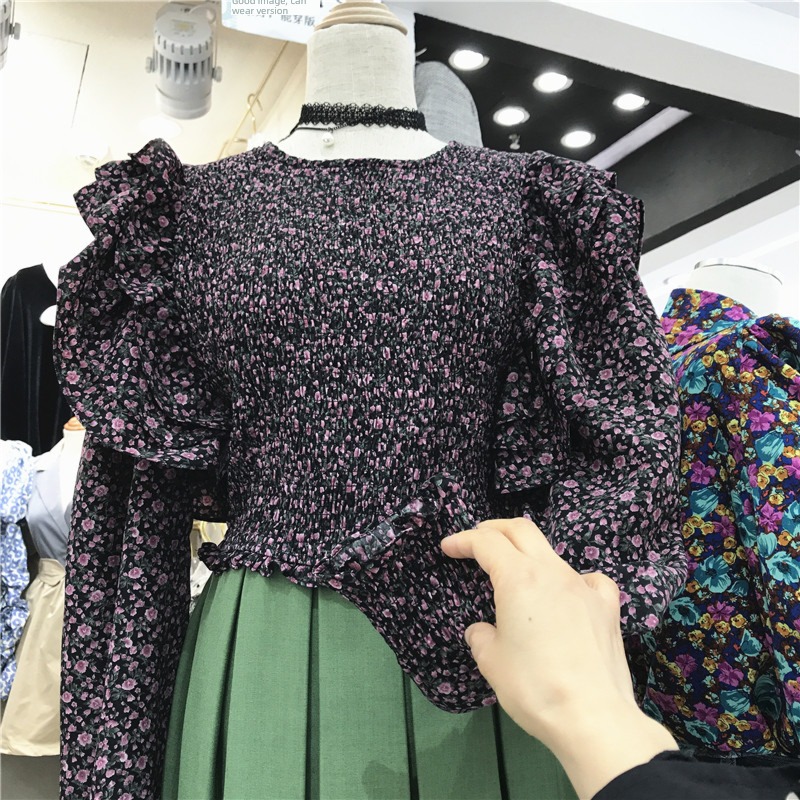 Retro temperament Round neck Long sleeve fold jacket Chiffon shirt