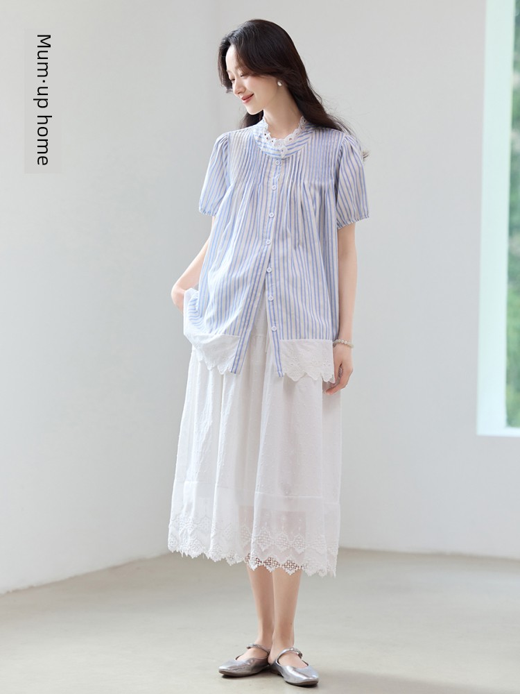 Pregnancy Premium Maternity Set: Summer Outerwear for Pregnant Moms, High-End Outfit with Lace Patchwork Shirt and Skirt Two-Piece Set — 4