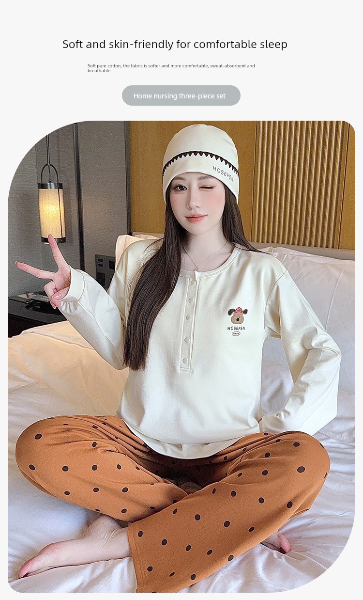 Free Hat with Winter Maternity Wear, Pure Cotton Nursing Pajamas, Spring and Autumn Postpartum All-Season Maternity Loungewear Set — 3