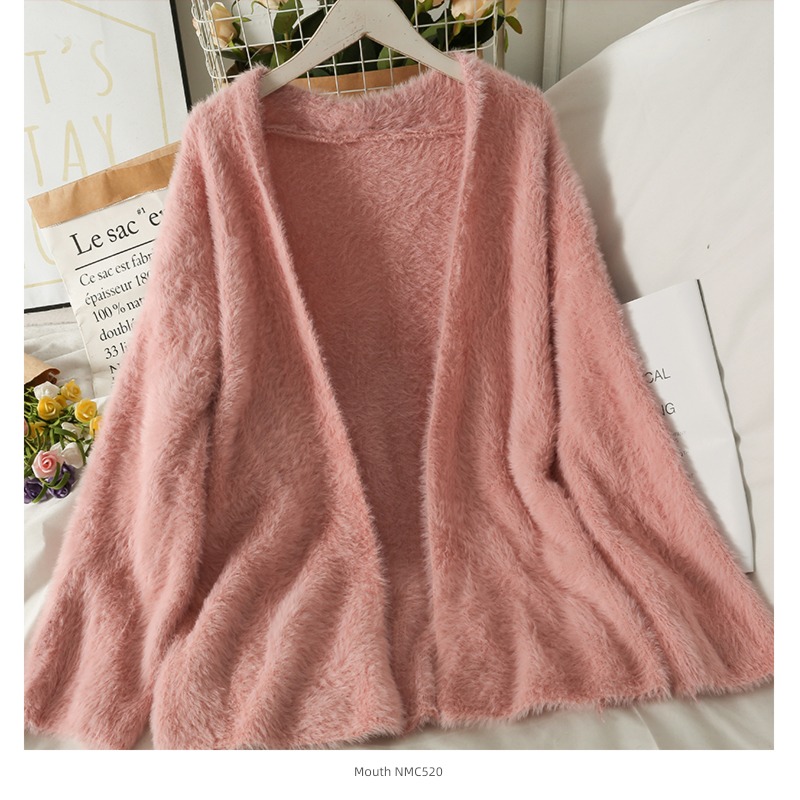 loose coat female Sweet  Plush Solid color No buckle Cardigan