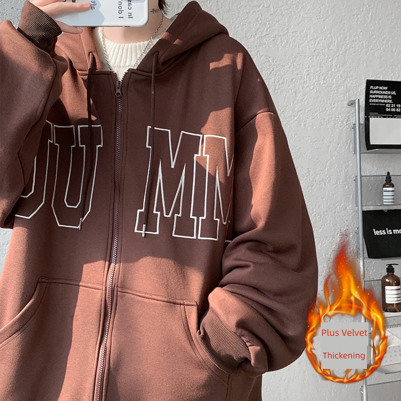Plush thickening Cardigan Sweater male Hooded winter American style Chaopai ins letter printing teenagers easy loose coat