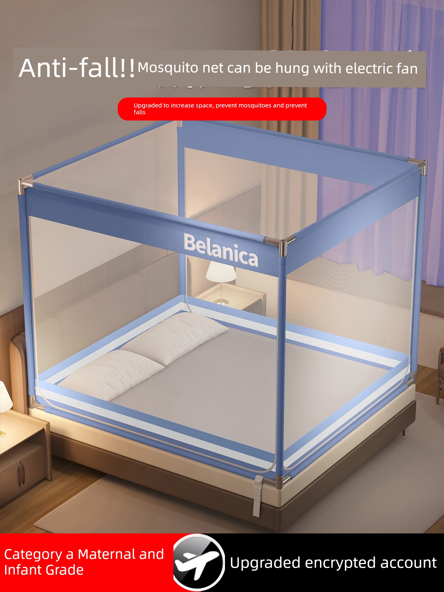 Anti-Fall Mosquito Net to Prevent Falling Out of Bed, Full-Cover Type for Home Bedroom, Children's Fence, Integrated Yurt with Full Bottom, No Splicing Required